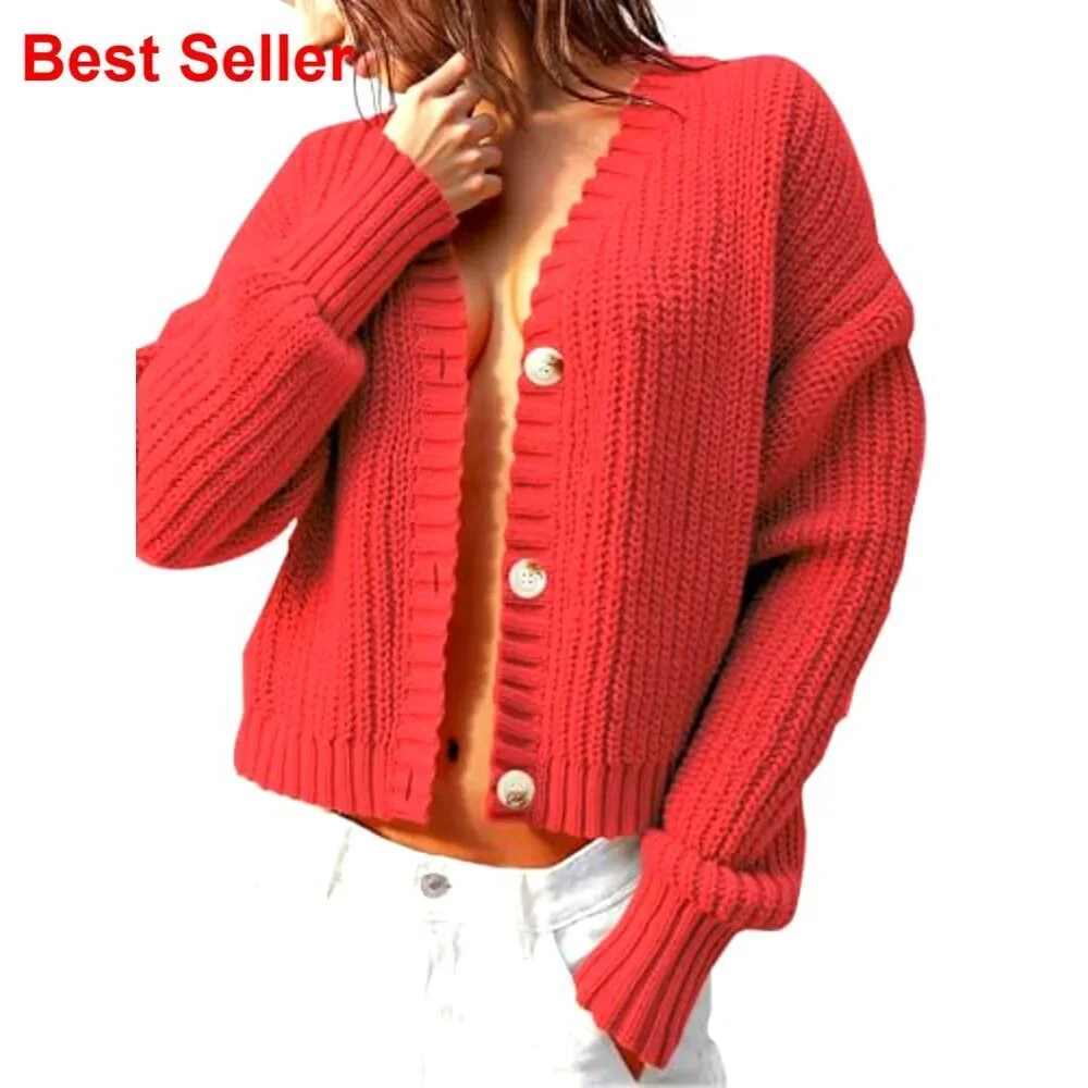 Oversized Chunky Knit Cardigan Waffle Texture Button Down V Neck Sweater